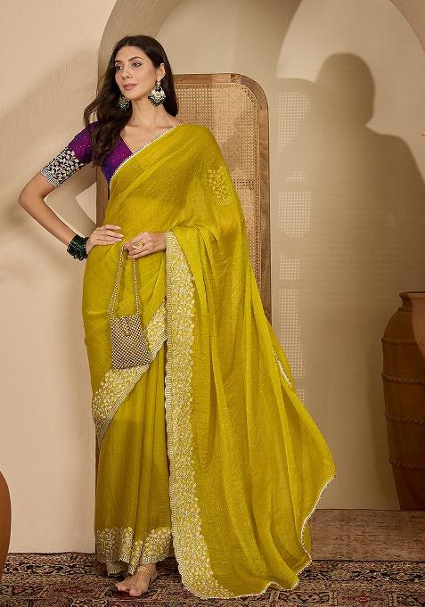Neon Embroidery Chiffon Saree Set