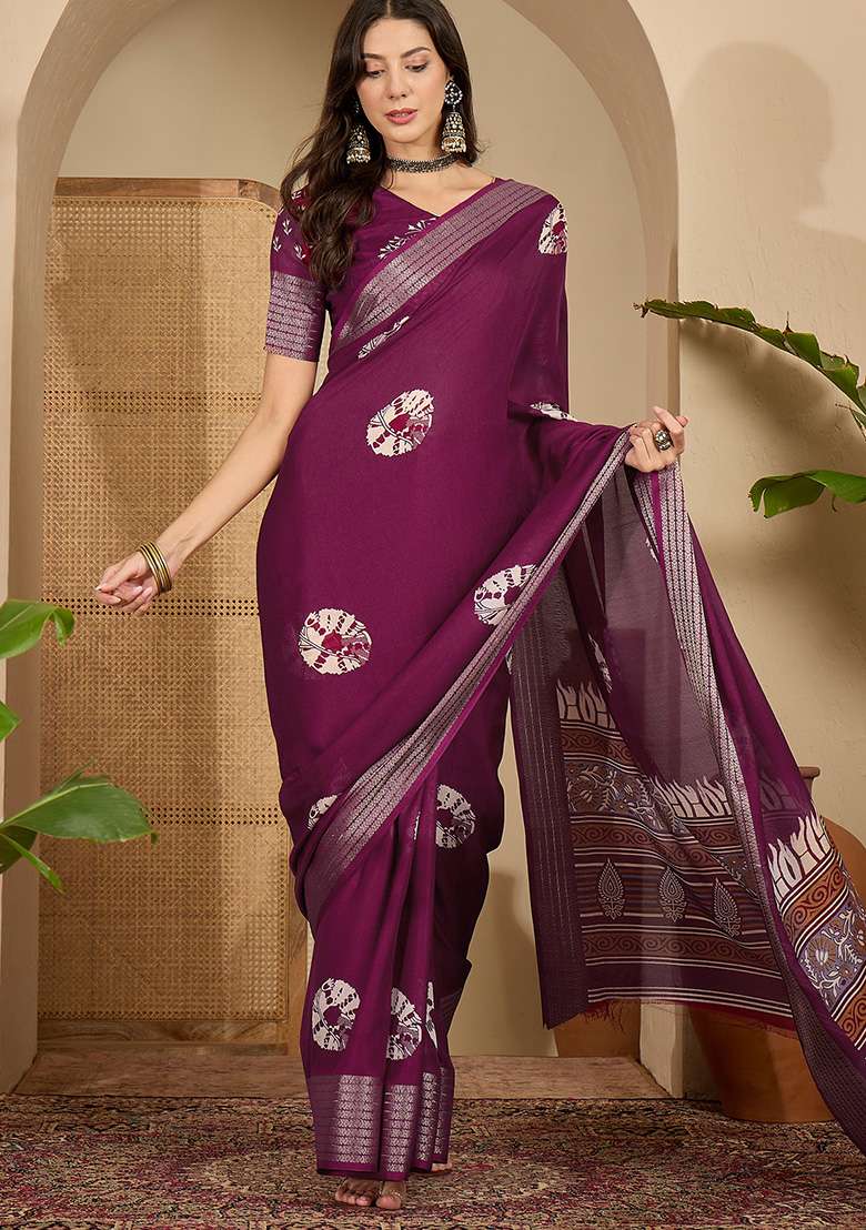 Wine Printed Chiffon Saree Set - Indya