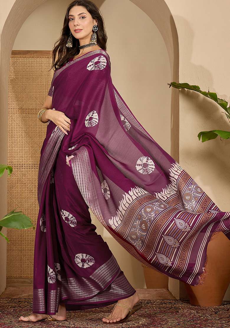 Wine Printed Chiffon Saree Set - Indya