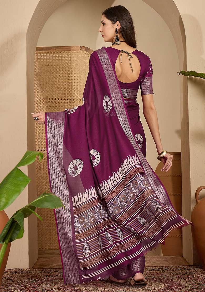 Wine Printed Chiffon Saree Set - Indya