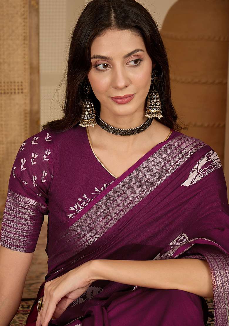 Wine Printed Chiffon Saree Set - Indya