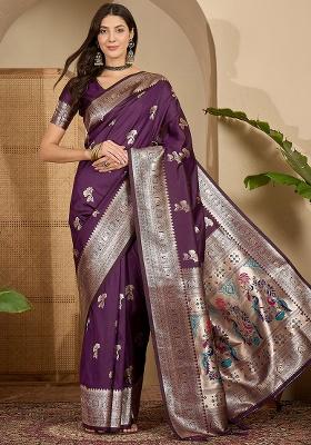 Purple Zari Woven Silk Saree Set