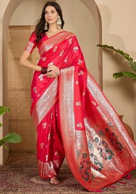 Rani Pink Zari Woven Silk Saree Set