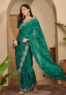 Rama Embroidery Chiffon Saree Set