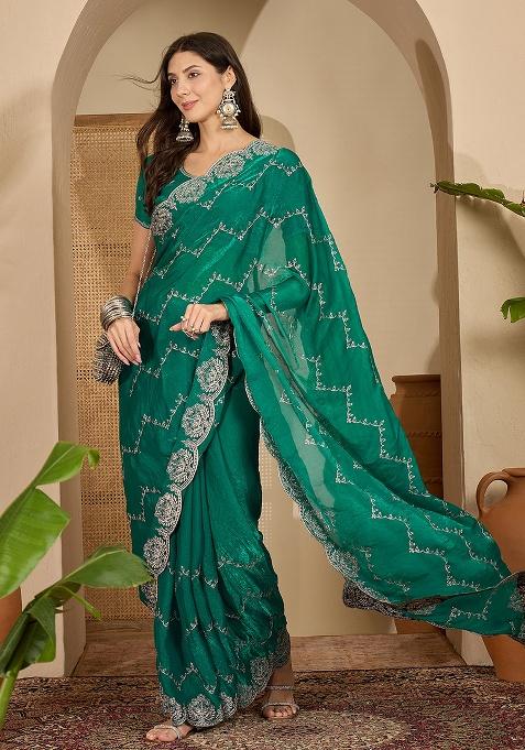 Rama Embroidery Chiffon Saree Set