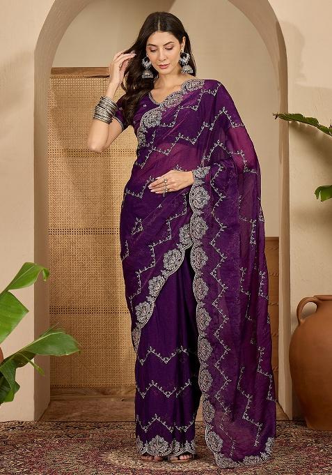 Purple Embroidery Chiffon Saree Set
