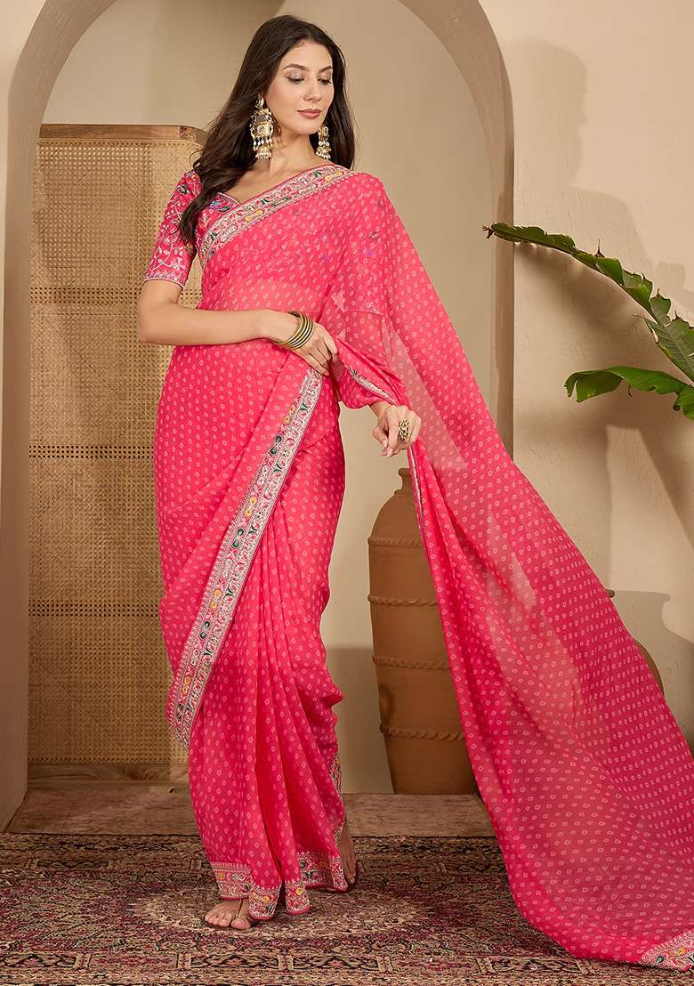 Gajari Bandhni Georgette Saree Set for Diwali and Festive Wear - Indya
