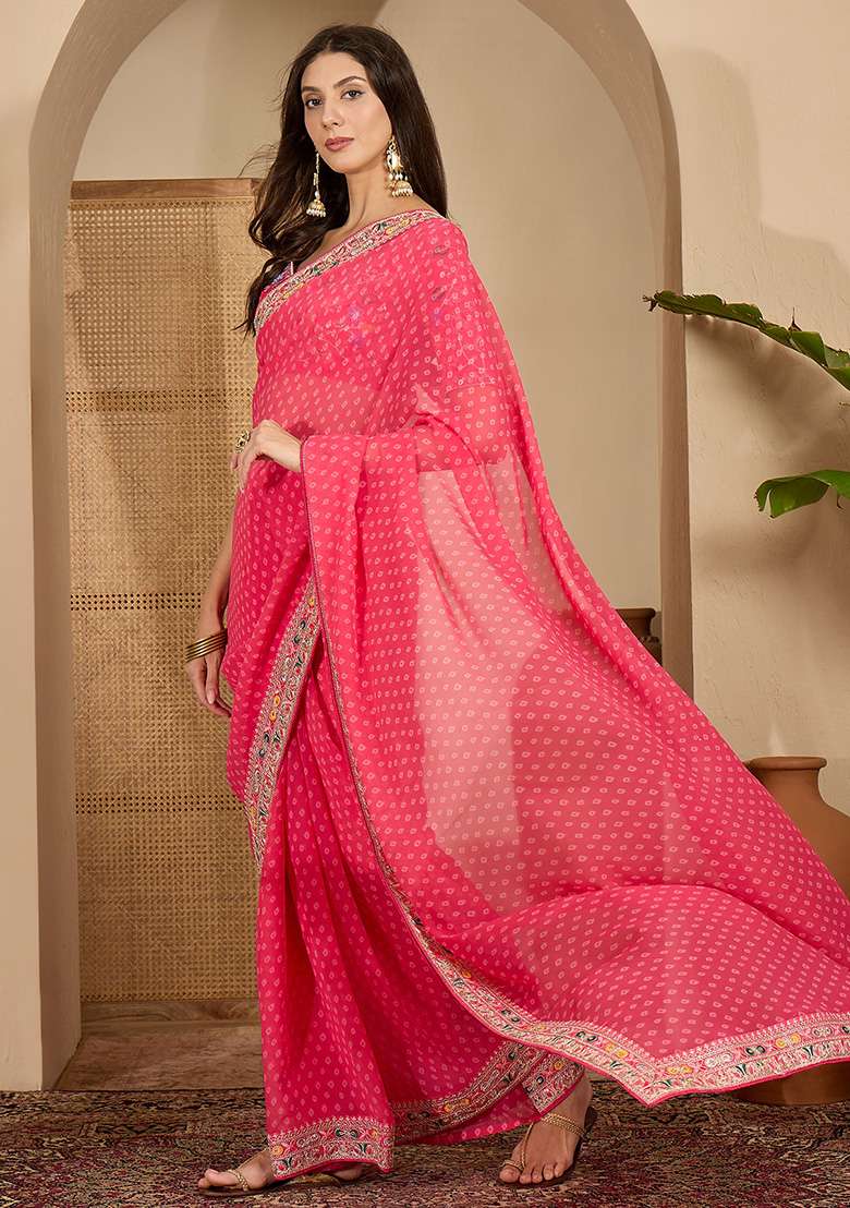 Gajari Bandhni Georgette Saree Set for Diwali and Festive Wear - Indya