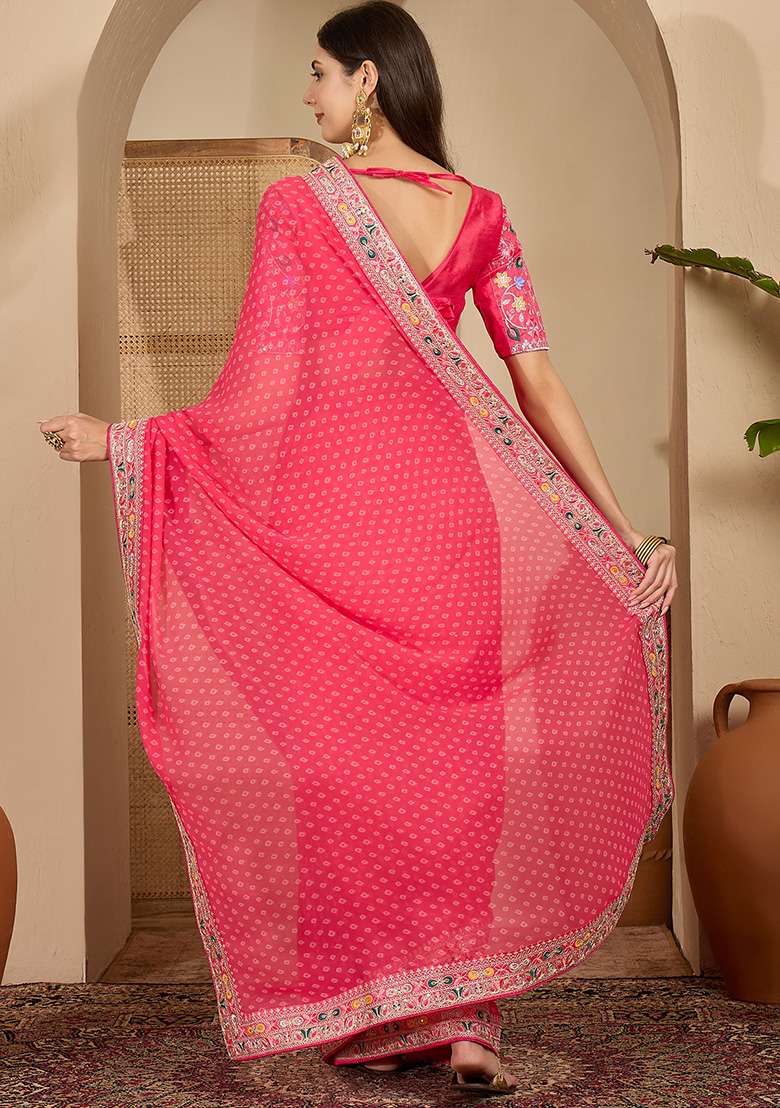 Gajari Bandhni Georgette Saree Set for Diwali and Festive Wear - Indya