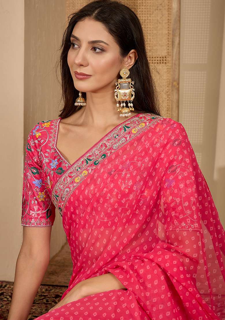 Gajari Bandhni Georgette Saree Set for Diwali and Festive Wear - Indya