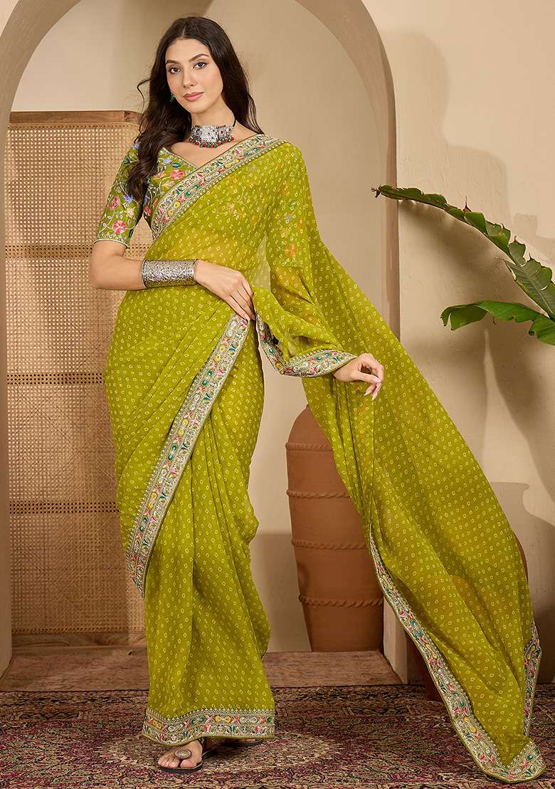 Green Bandhni Georgette Saree Set for Diwali and Festive Wear - Indya