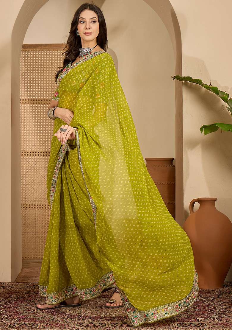 Green Bandhni Georgette Saree Set for Diwali and Festive Wear - Indya