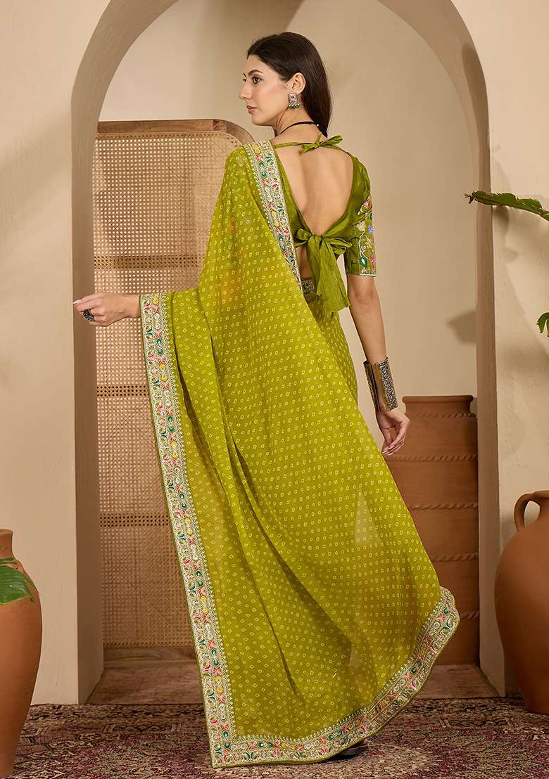 Green Bandhni Georgette Saree Set for Diwali and Festive Wear - Indya