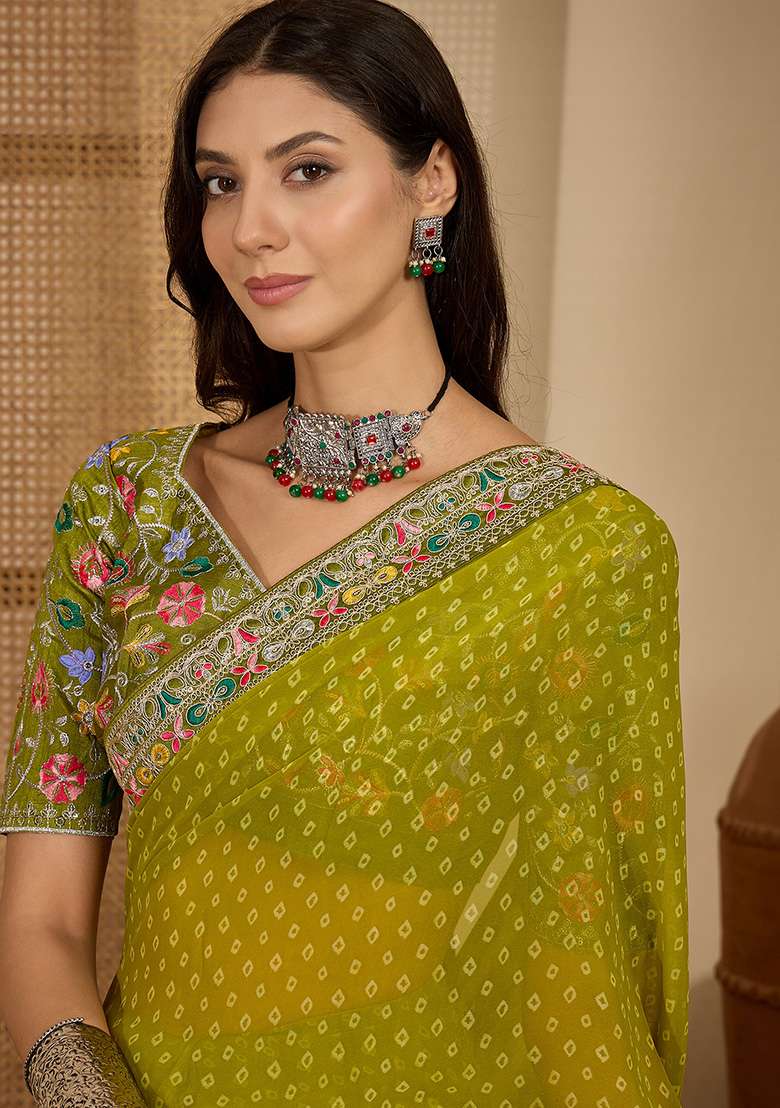 Green Bandhni Georgette Saree Set for Diwali and Festive Wear - Indya