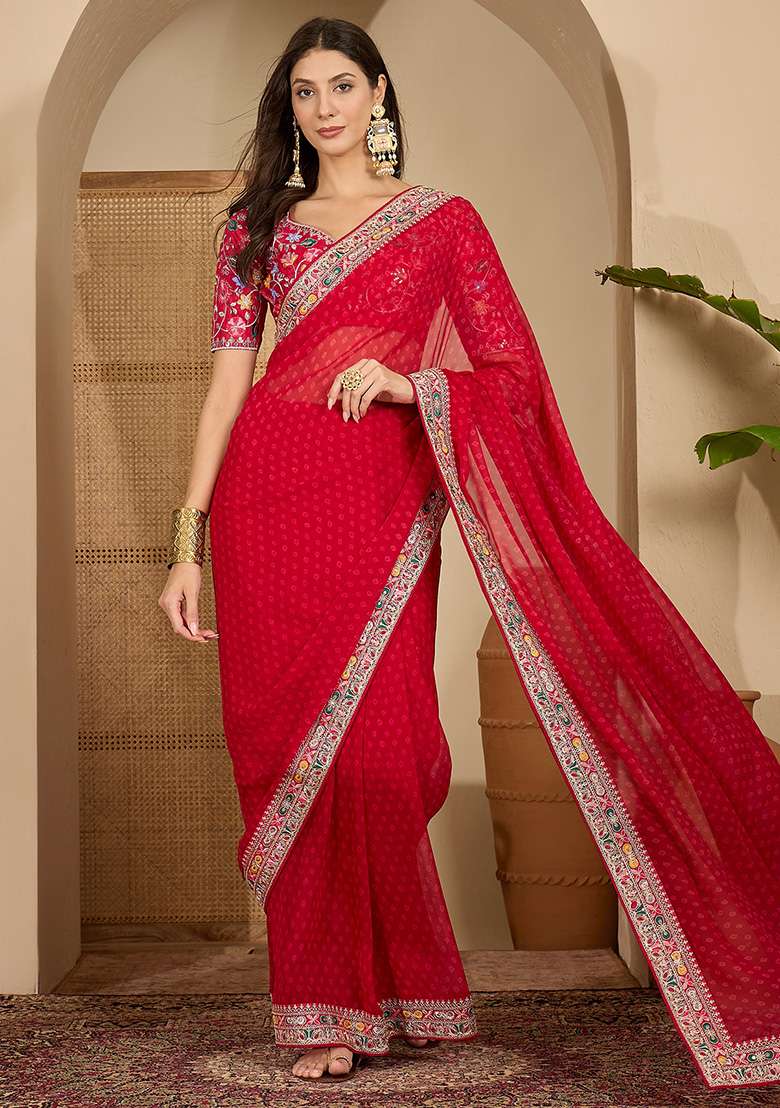 Red Bandhni Georgette Saree Set for Diwali and Festive Wear - Indya
