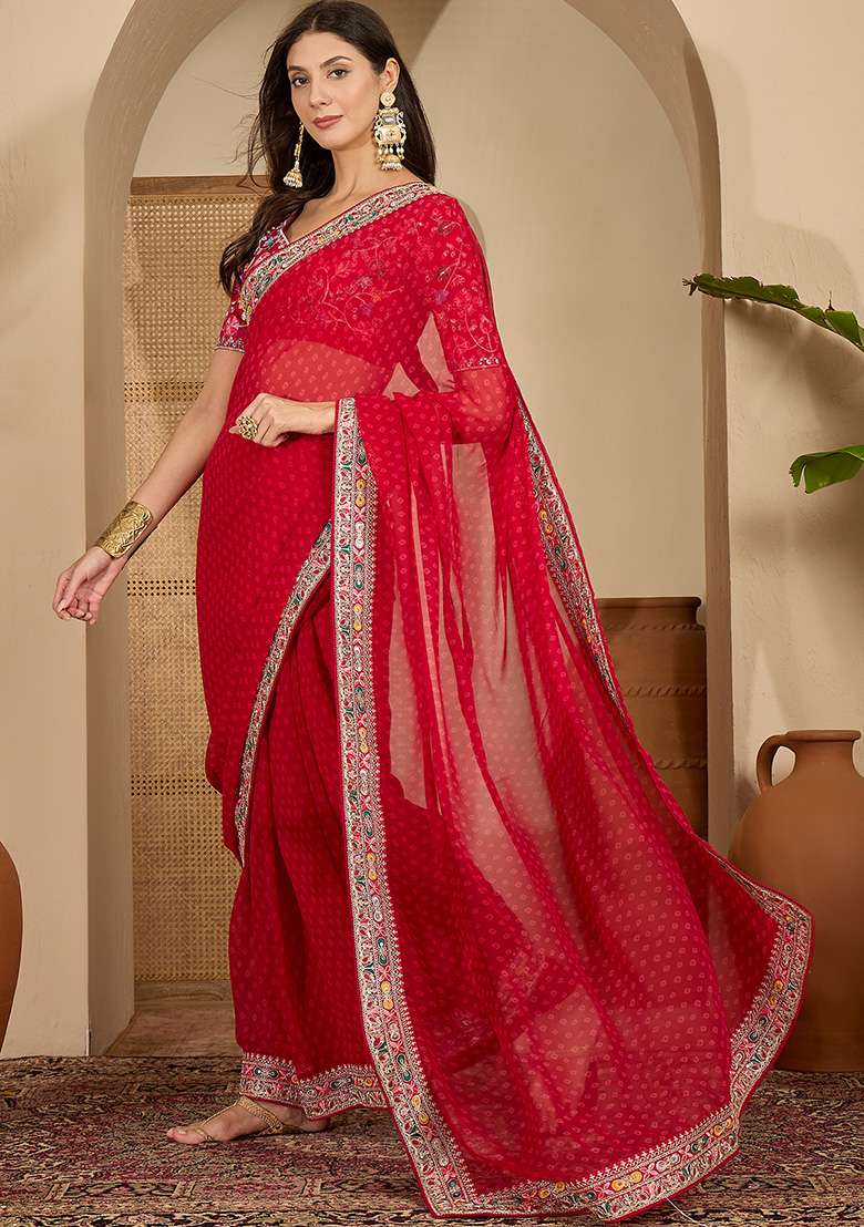 Red Bandhni Georgette Saree Set for Diwali and Festive Wear - Indya