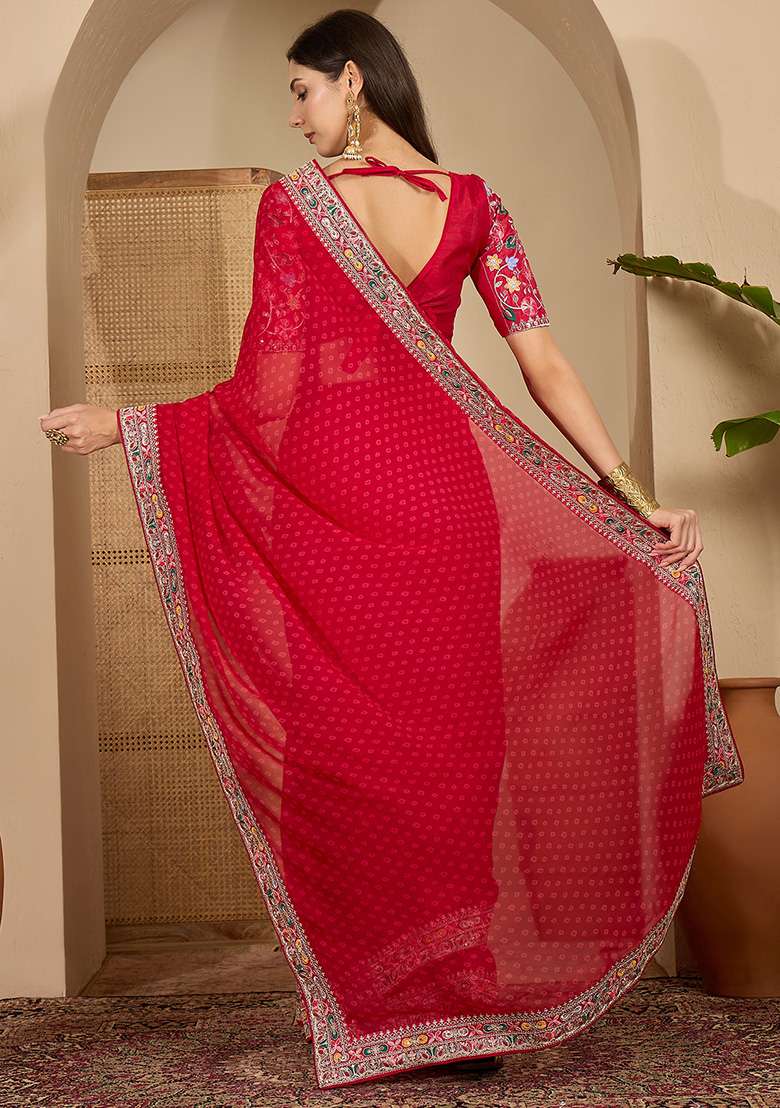 Red Bandhni Georgette Saree Set for Diwali and Festive Wear - Indya