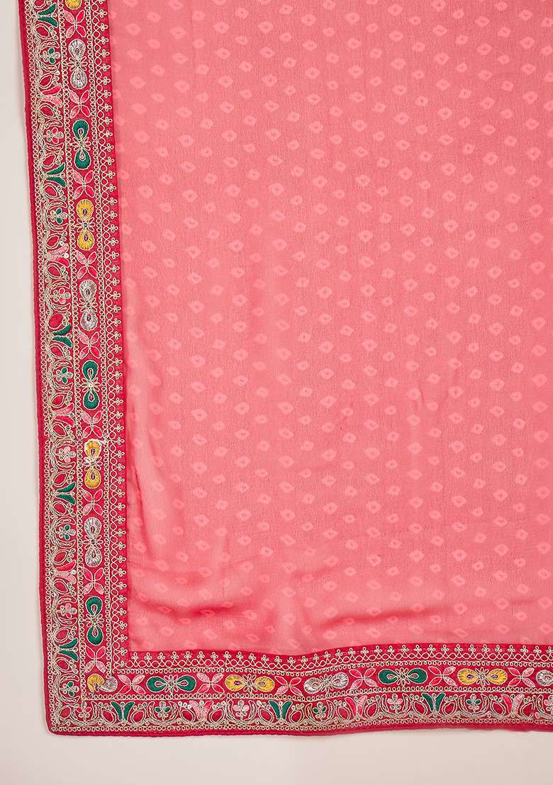 Red Bandhni Georgette Saree Set for Diwali and Festive Wear - Indya