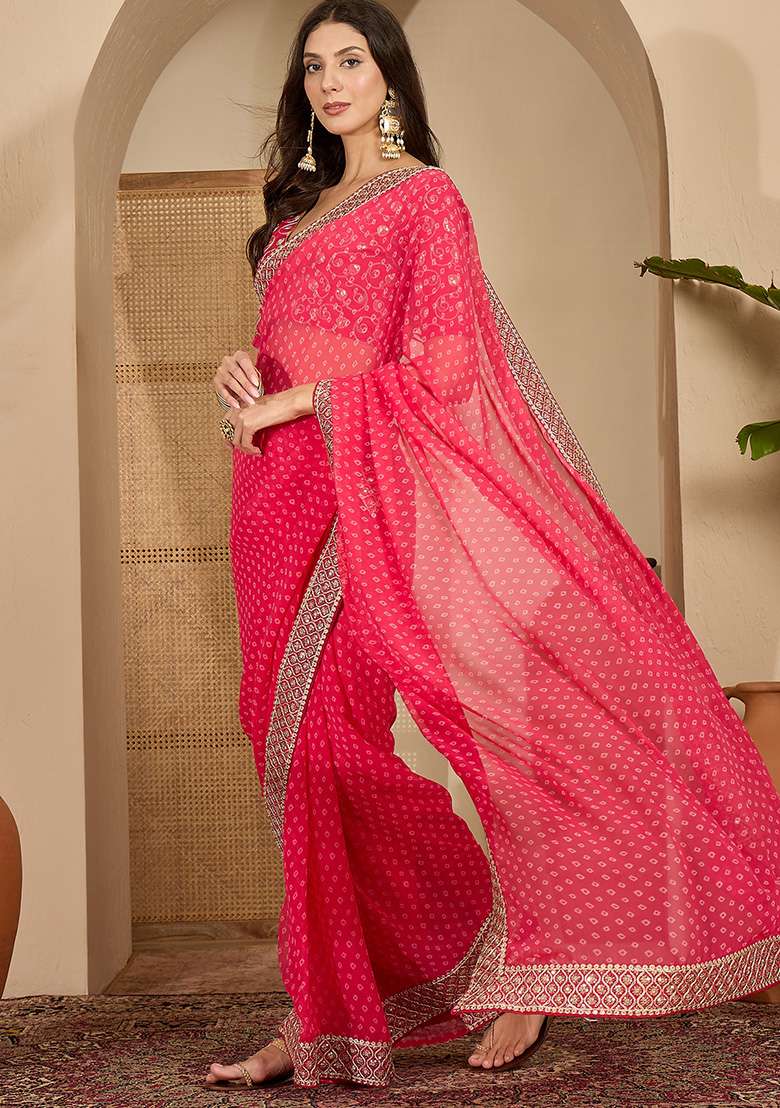 Gajari Bandhni Georgette Saree Set for Diwali | Wedding & Festive Wear - Indya