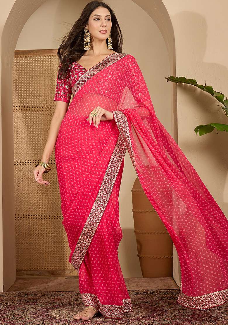 Gajari Bandhni Georgette Saree Set for Diwali | Wedding & Festive Wear - Indya