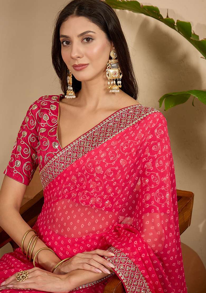 Gajari Bandhni Georgette Saree Set for Diwali | Wedding & Festive Wear - Indya