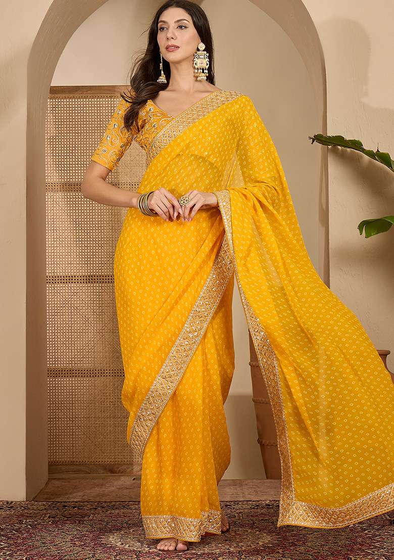 Gold Bandhni Georgette Saree Set for Diwali | Wedding & Festive Wear - Indya