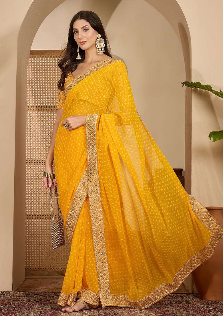 Gold Bandhni Georgette Saree Set for Diwali | Wedding & Festive Wear - Indya
