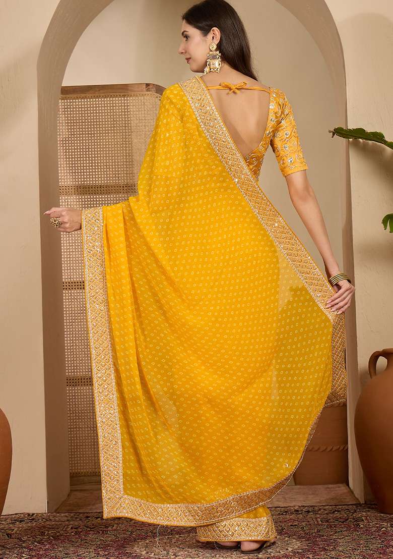 Gold Bandhni Georgette Saree Set for Diwali | Wedding & Festive Wear - Indya