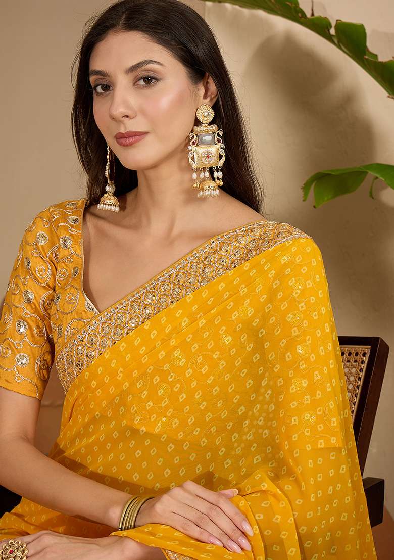 Gold Bandhni Georgette Saree Set for Diwali | Wedding & Festive Wear - Indya