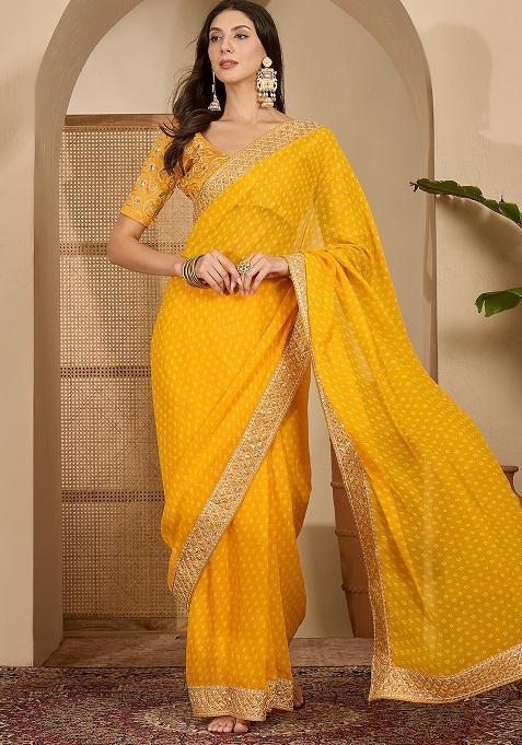 Gold Bandhni Georgette Saree Set