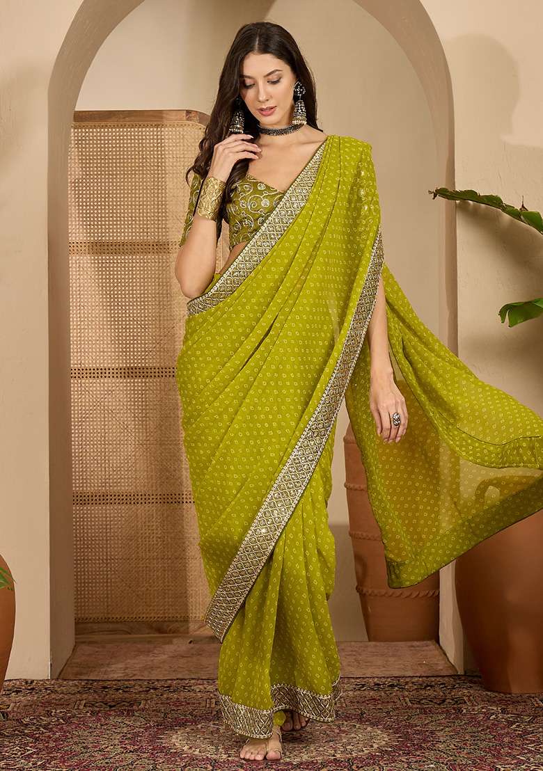 Green Bandhni Georgette Saree Set for Diwali | Wedding & Festive Wear - Indya