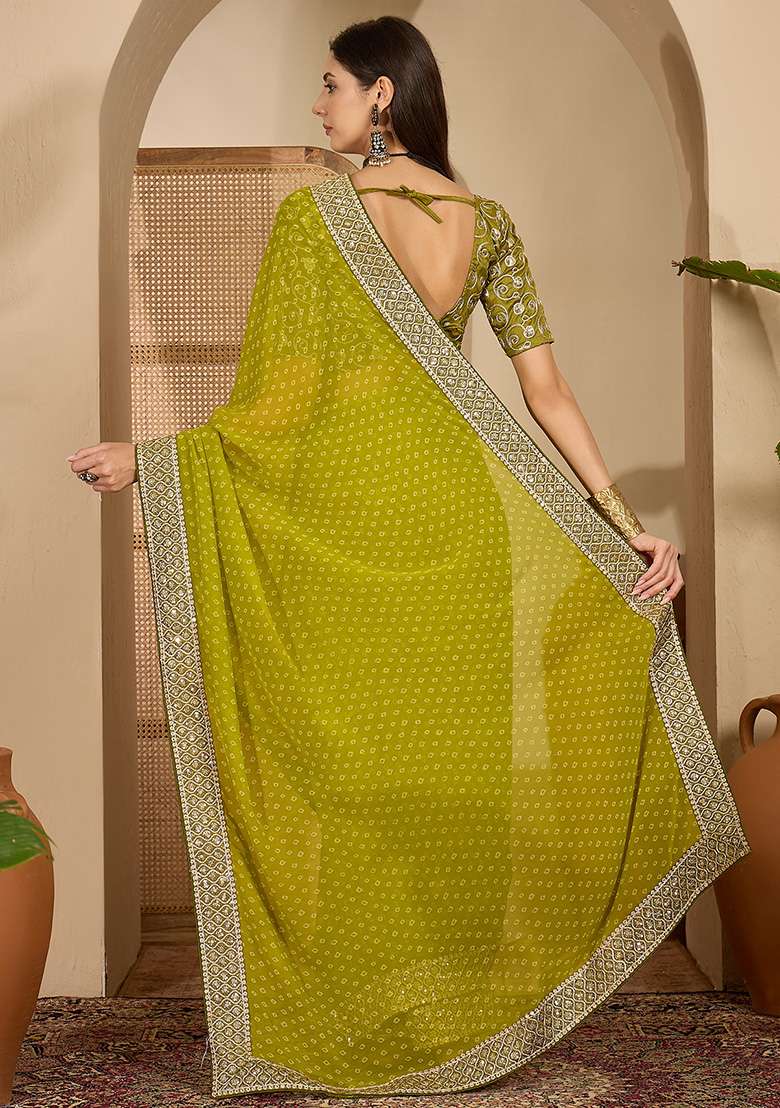 Green Bandhni Georgette Saree Set for Diwali | Wedding & Festive Wear - Indya