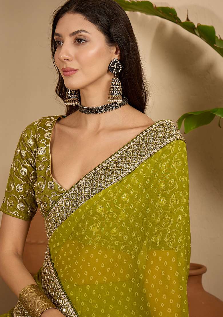 Green Bandhni Georgette Saree Set for Diwali | Wedding & Festive Wear - Indya
