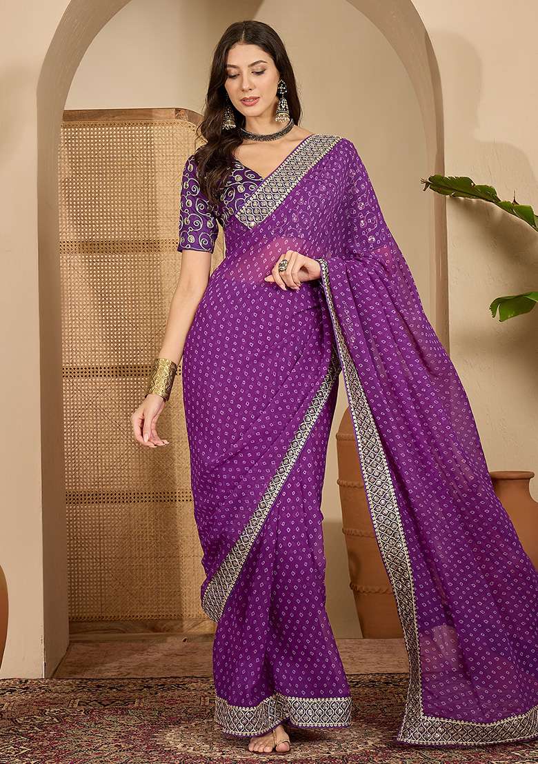 Purple Bandhni Georgette Saree Set for Diwali and Festive Wear - Indya