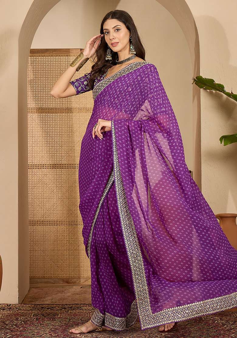 Purple Bandhni Georgette Saree Set for Diwali and Festive Wear - Indya