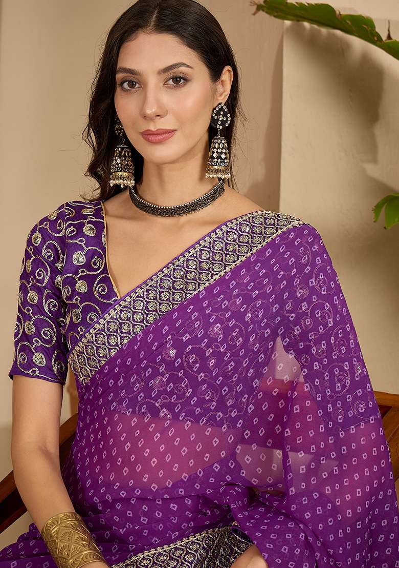 Purple Bandhni Georgette Saree Set for Diwali and Festive Wear - Indya