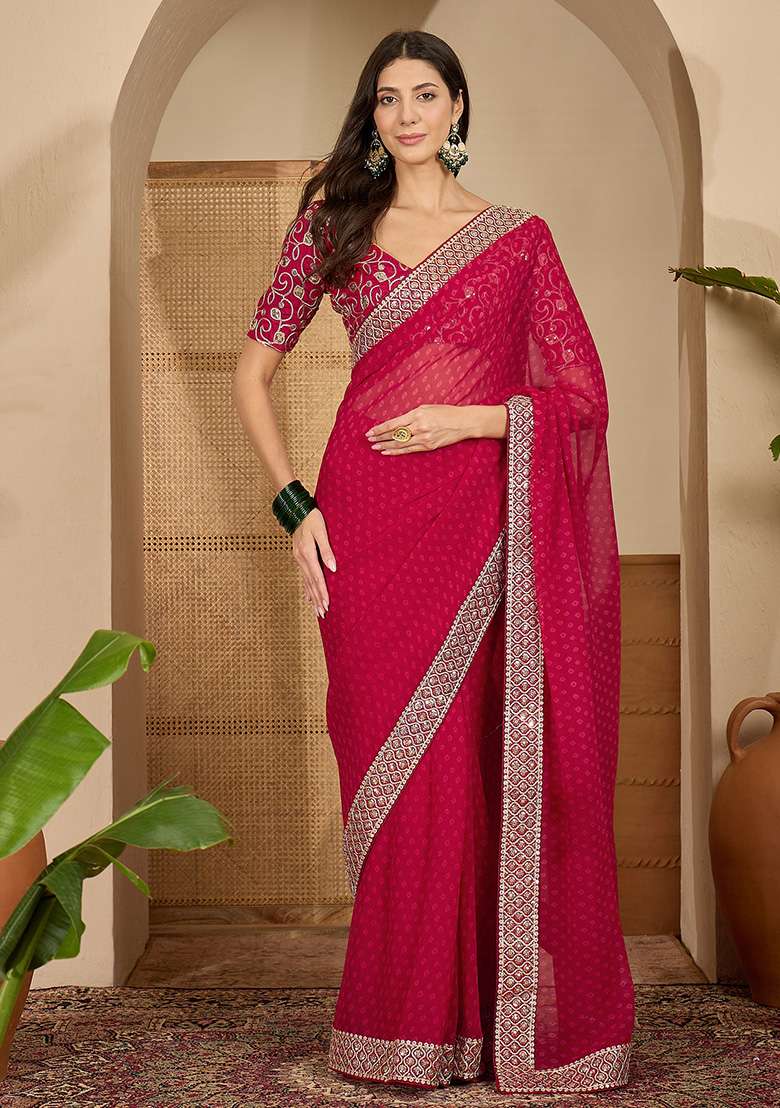 Rani Pink Bandhni Georgette Saree Set for Diwali | Wedding & Festive Wear - Indya