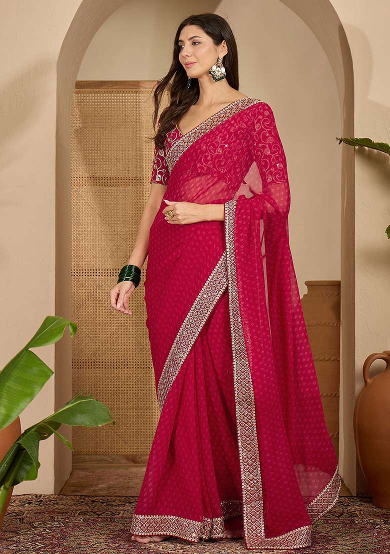 Rani Pink Bandhni Georgette Saree Set for Diwali | Wedding & Festive Wear - Indya
