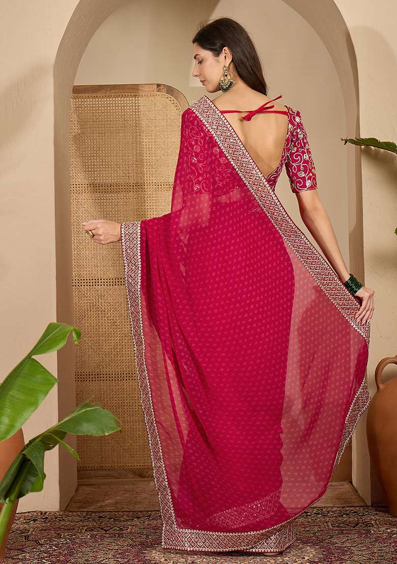 Rani Pink Bandhni Georgette Saree Set for Diwali | Wedding & Festive Wear - Indya