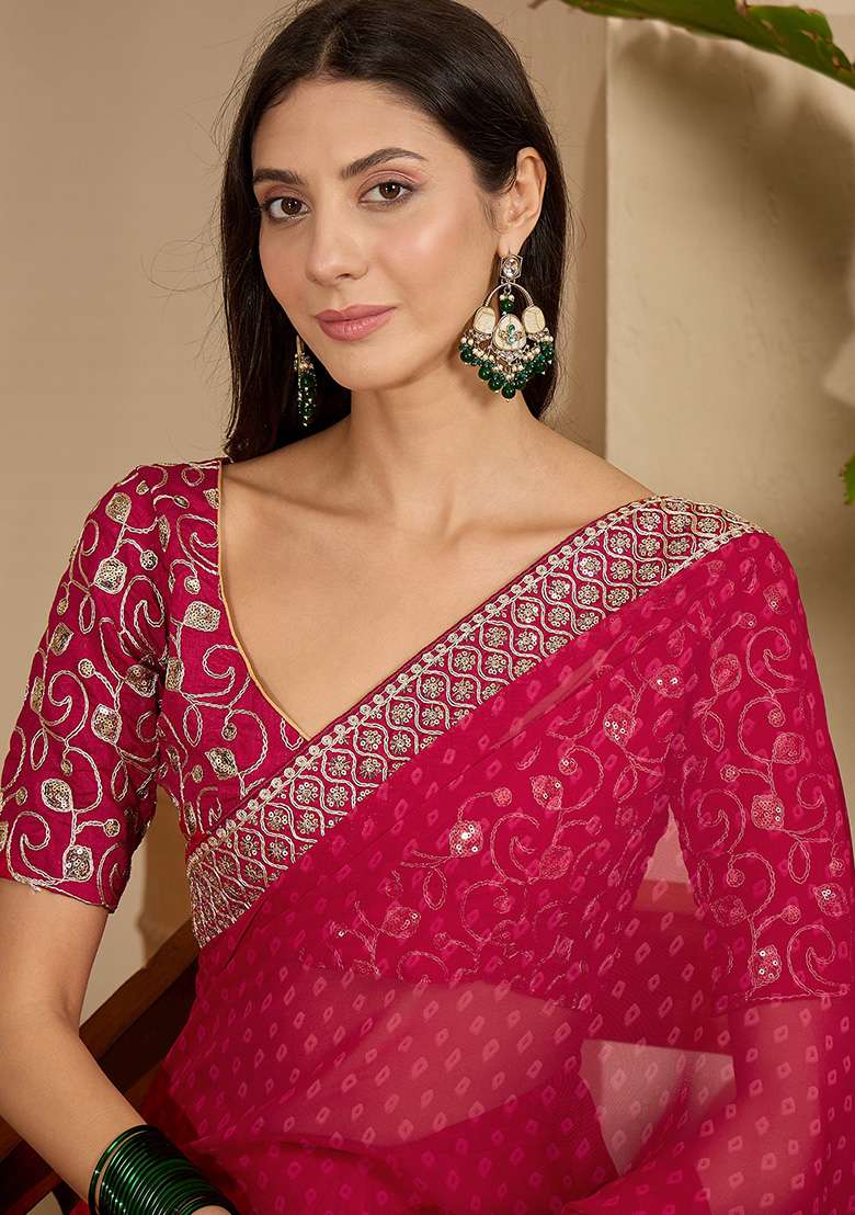 Rani Pink Bandhni Georgette Saree Set for Diwali | Wedding & Festive Wear - Indya
