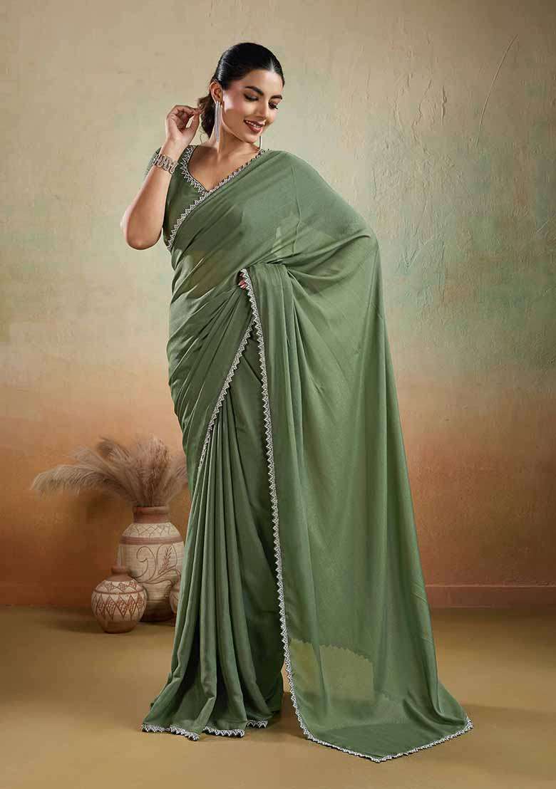 Olive Embellished Georgette Saree Set - Indya