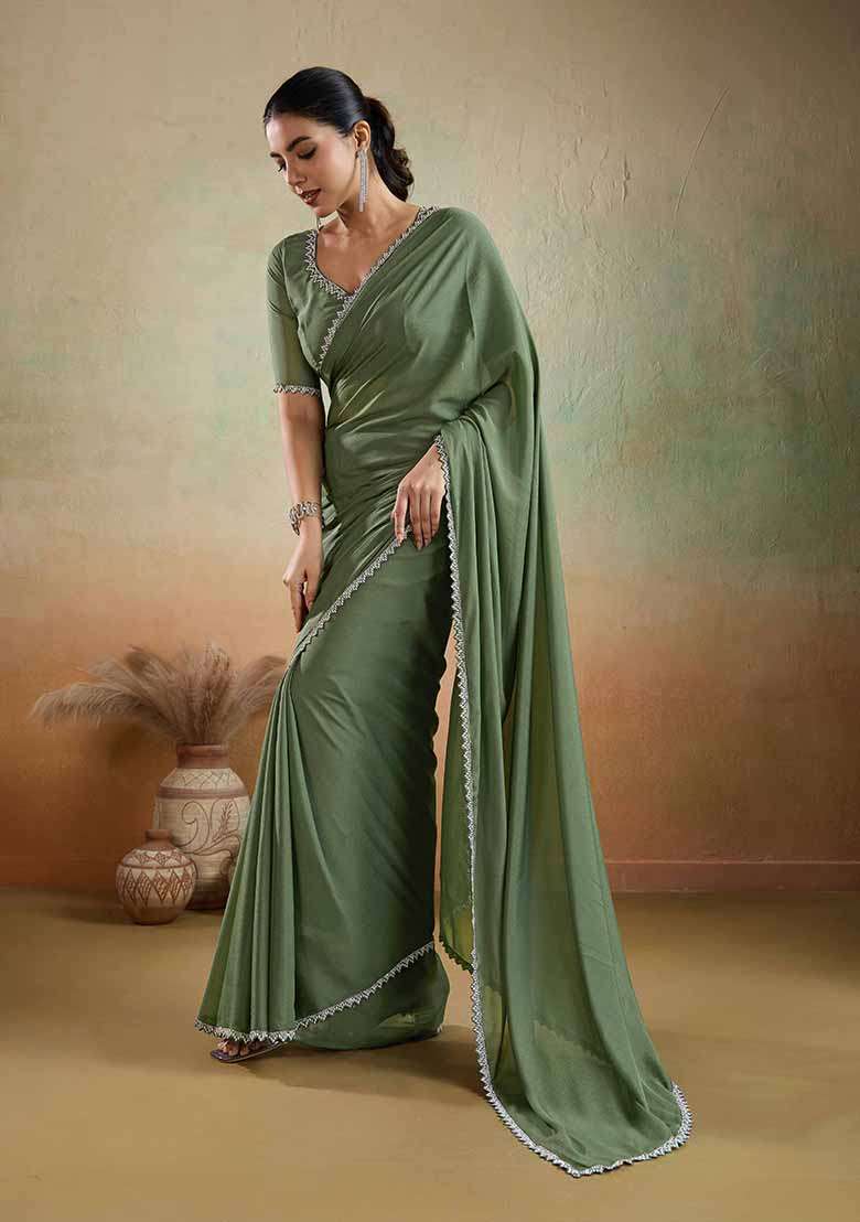 Olive Embellished Georgette Saree Set - Indya