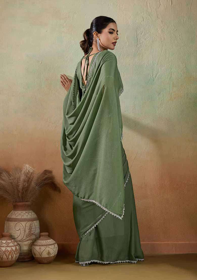 Olive Embellished Georgette Saree Set - Indya