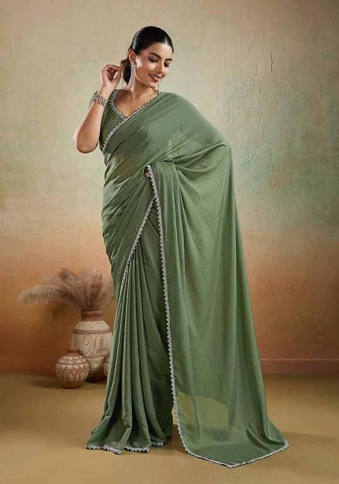 Olive Embellished Georgette Saree Set