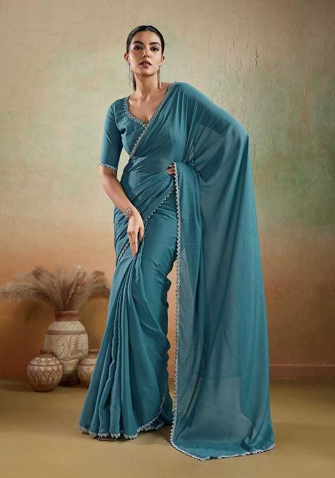 Teal Embellished Georgette Saree Set