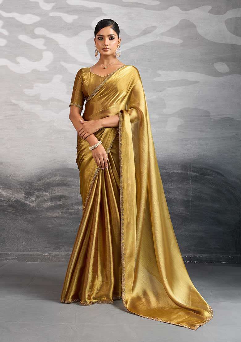 Gold Embellished Silk Saree Set - Indya