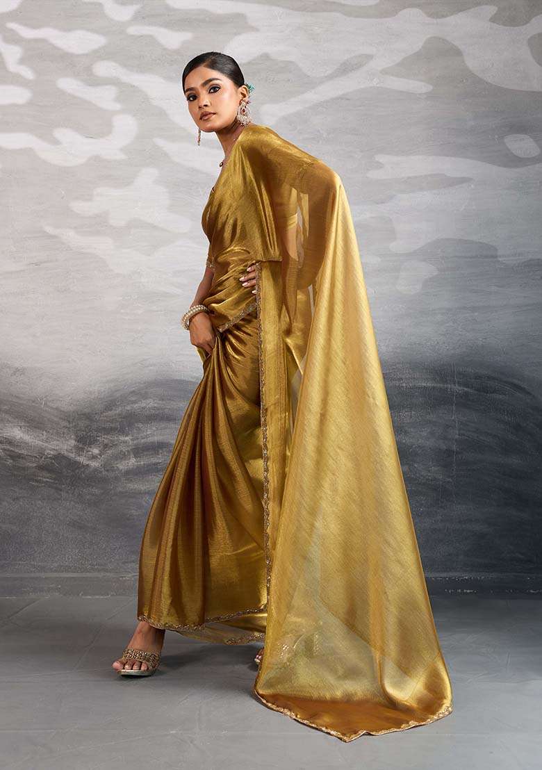 Gold Embellished Silk Saree Set - Indya