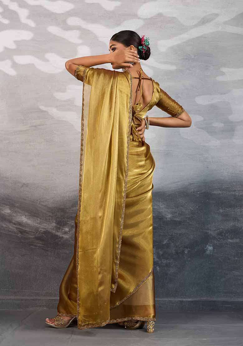 Gold Embellished Silk Saree Set - Indya