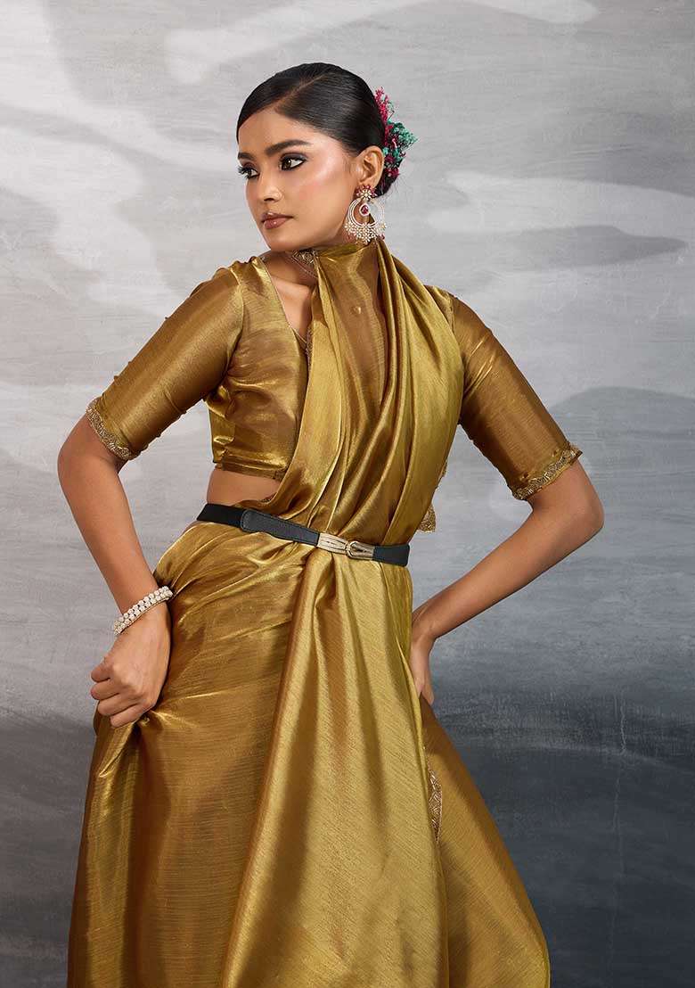 Gold Embellished Silk Saree Set - Indya