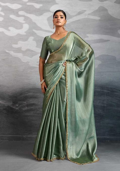 Mint Embellished Silk Saree Set